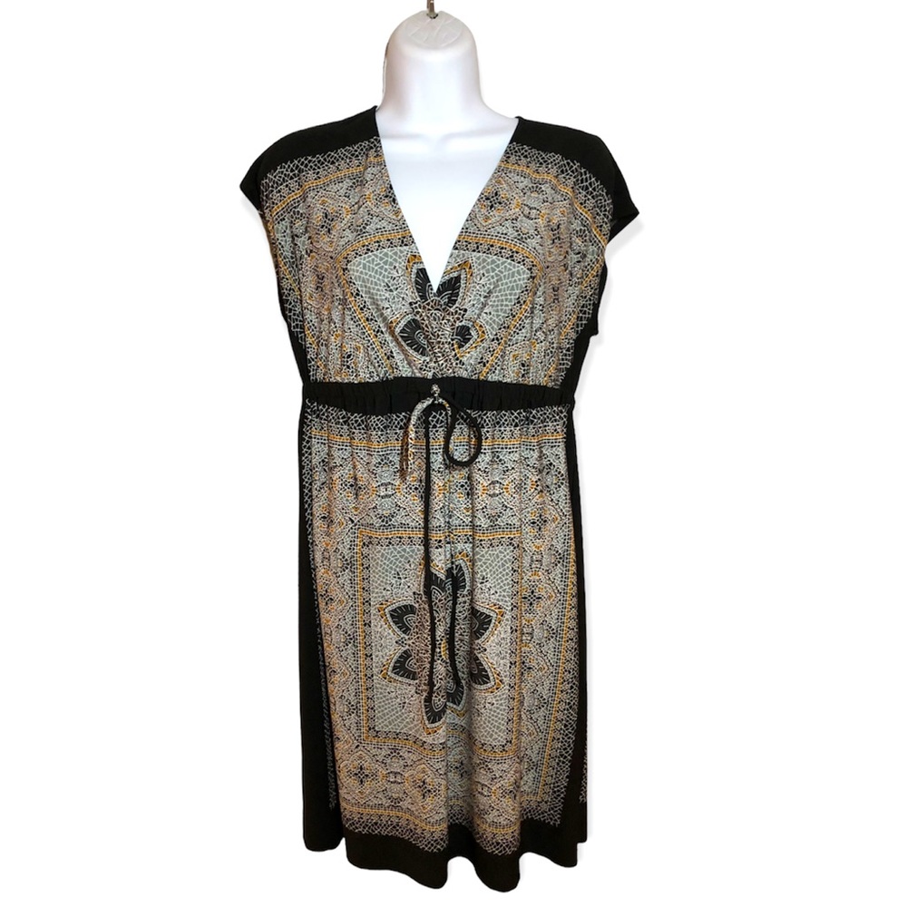 Enfocus Petite Women's Black White BOHO Festival Mandala Shift Dress 10P